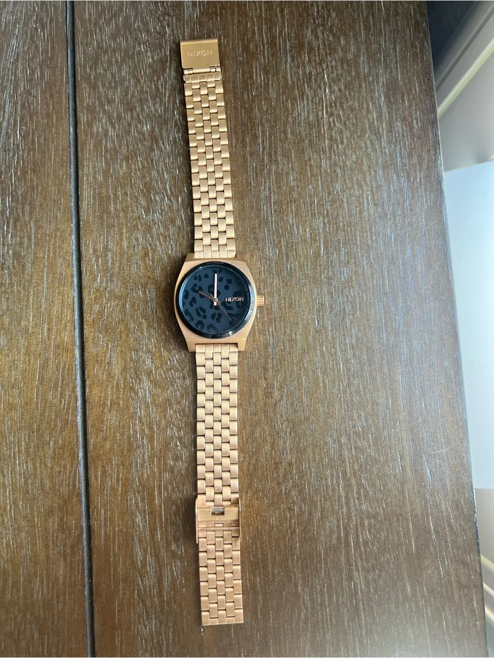 Nixon Rose Gold Bracelet Watch with Black Leopard Dial Accents